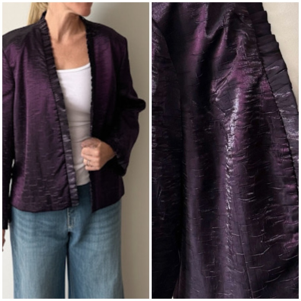 Vintage Oblique Deep Purple Crushed Silk‎ Crinkle Textured Ruffled Blazer Coat